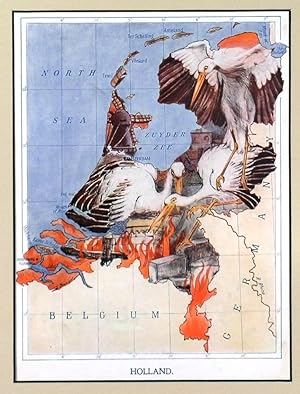 HOLLAND. Caricature map of The Netherlands, showing a stork mother sheltering her little ones i...