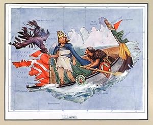 ICELAND. Caricature map of Iceland, showing a raven guiding Floke the viking across the Great Sea.