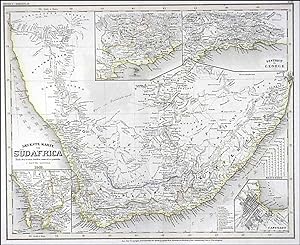 'NEUESTE KARTE VON SÜDAFRICA'. Map of South Africa with inset maps of the wider areas around Cape...