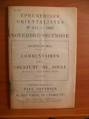 Bild des Verkufers fr EPHEMERIDES ORIENTALISTES No. 145, 1937 NOVEMBRE - DECEMBRE zum Verkauf von Rose City Books