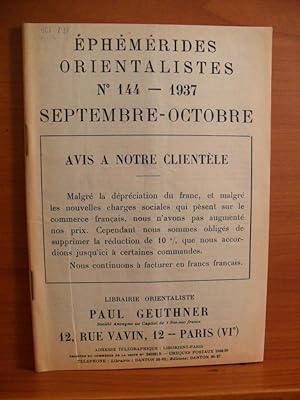 Bild des Verkufers fr EPHEMERIDES ORIENTALISTES No. 144, 1937 SEPTEMBRE - OCTOBRE zum Verkauf von Rose City Books