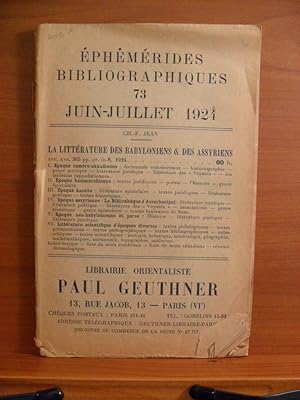 Immagine del venditore per EPHEMERIDES BIBLIOGRAPHIQUES 73 JUIN - JUILLET 1924 venduto da Rose City Books