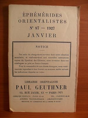 Imagen del vendedor de EPHEMERIDES ORIENTALISTES No. 87 JANVIER 1927 a la venta por Rose City Books