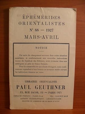 Imagen del vendedor de EPHEMERIDES ORIENTALISTES No. 88 MARS - AVRIL 1927 a la venta por Rose City Books