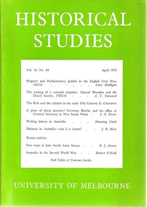 Imagen del vendedor de The Making of a Colonial Chaplin: Samuel Marsden and the Elland Society, 1965-93. Contained in the University of Melbourne Historical Studies Vol. 16, No. 64, April 1975. a la venta por Time Booksellers