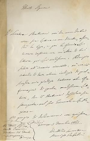 Lettera autografa firmata, su una facciata, datata: "Firenze 3 dicembre 1863", indirizzata - data...