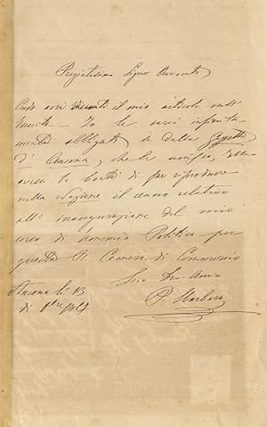 Lettera autografa firmata, su una facciata, datata: "Ancona li 13 di gen. 1867", indirizzata - da...