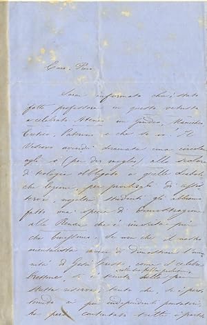 Lettera autografa firmata, su due facciate, datata: "Pisa 19 marzo 1861", indirizzata data la pro...