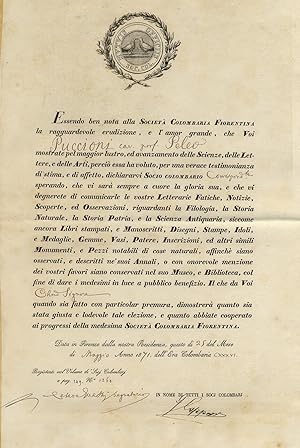 Diploma di socio colombario corrispondente della Società Colombaria Fiorentina di Peleo Puccioni....
