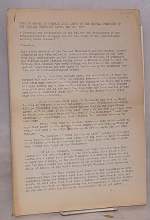 Text of report by Comrade Luigi Longo to the Central Committee of the Italian Communist Party, Ma...