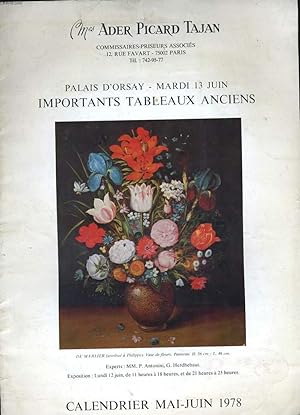 Bild des Verkufers fr CATALOGUE D'IMPORTANT TABLEAUX ANCIENS. zum Verkauf von Le-Livre