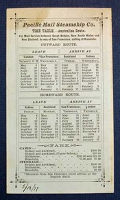 Immagine del venditore per PACIFIC MAIL STEAMSHIP CO. Time Table - Australian Route. For Mail Service between Great Britain, New South Wales and New Zealand, by way of San Francisco, Calling at Honolulu venduto da Tavistock Books, ABAA