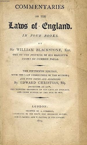 Bild des Verkufers fr COMMENTARIES ON THE LAWS OF ENGLAND, IN FOUR BOOKS, FIRST BOOK zum Verkauf von Le-Livre