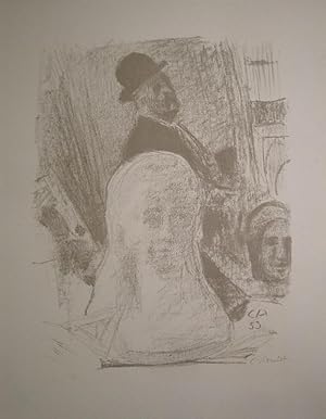 Bildnis des Künstlers mit Büste der Gattin. Lithographie in Grau. Unten rechts im Stein monogramm...
