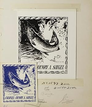 Immagine del venditore per Original ink drawing of a leaping salmon within a border of waves, for the bookplate of bookseller and bibliographer Col. Henry A. Siegel venduto da James Cummins Bookseller, ABAA