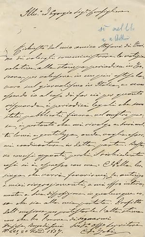 Lettera autografa firmata, su una facciata, datata 20 Nov. 1857, indirizzata a "Ill.o ed Egregio ...
