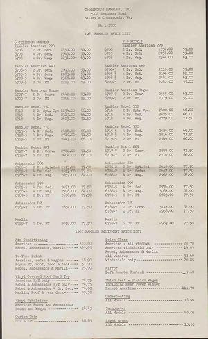 Seller image for 1967 RAMBLER PRICE LIST for sale by The Avocado Pit