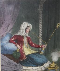 [Print] European Woman in Exotic Ottoman Dress and with a Hookah Pipe, Amidst Cushions, Drapes, etc.