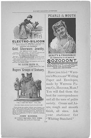 Seller image for Advertisements: a Page of Ads with Rogers Groups of Statuary, Sozodont "Pearls of the Mouth", Electro Silicon Co. , and Whiting Standard Paper & Envelopes for sale by Hammonds Antiques & Books