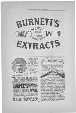 Seller image for Advertisements: Burnetts Standard Flavoring Extracts; Burpees Seeds, Wilsons Rolling Blinds; American Arms Company Semi-Hammerless Gun for sale by Hammonds Antiques & Books