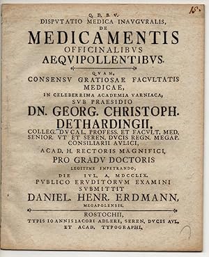 Bild des Verkufers fr Medizinische Inaugural-Disputation. De medicamentis officinalibus aequipollentibus. zum Verkauf von Wissenschaftliches Antiquariat Kln Dr. Sebastian Peters UG