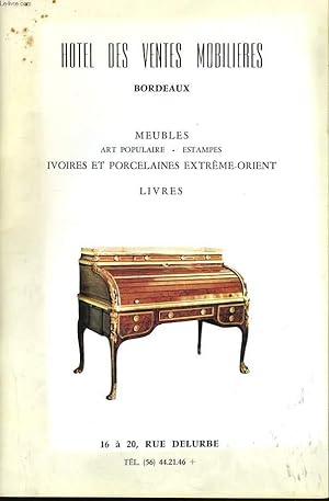 Imagen del vendedor de CATALOGUE DE VENTES AUX ENCHERES PUBLIQUES DE MEUBLES. a la venta por Le-Livre