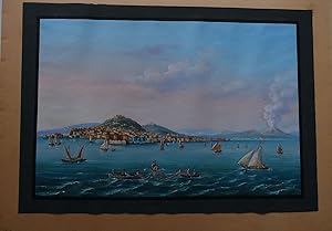 A FINELY PAINTED NEAPOLITAN GOUACHE - BAY OF NAPLES, CITY IN THE DISTANCE, VESUVIUS SMOKING TO TH...