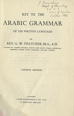 Seller image for Key to the Arabic Grammar of the Written Language. for sale by FOLIOS LIMITED