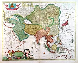 ASIAE NOVA DELINEATIO . Map of Asia with figurative title cartouche (sea maidens) and armorial de...