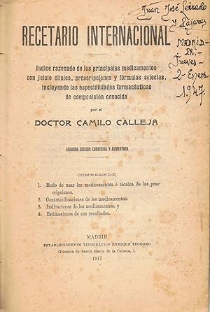 Seller image for RECETARIO INTERNACIONAL. ndice razonado de los principales medicamentos con juicio clnico, prescripciones y frmulas selectas, incluyendo las especialidades farmacuticas de composicin conocida for sale by Librera Torren de Rueda