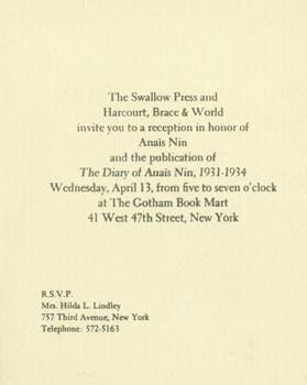 Seller image for The Swallow Press and Harcourt, Brace & World invite you to a reception in honor of Anais Nin and the publication of The Diary of Anais Nin, 1931-1934. for sale by Wittenborn Art Books