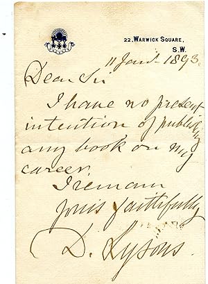 Imagen del vendedor de [Sir Daniel Lysons, English army officer] Autograph Note Signed ('D. Lysons.') to unnamed publisher. a la venta por Richard M. Ford Ltd