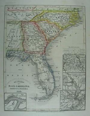 Die Staaten von N. & S. Carolina, Georgia & Florida. Grenzkolorierte Stahlstich-Karte aus "Meyer`...