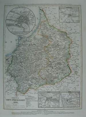 Provinz Ost-Preussen. Grenzkolorierte Stahlstich-Karte von Renner aus "Meyer`s Zeitungs-Atlas". H...