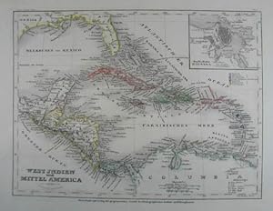 Bild des Verkufers fr West Jndien und Mittel America. Grenzkolorierte Stahlstich-Karte von C. Radefeld aus "Meyer`s Zeitungs-Atlas". Hildburghausen, Bibliograph. Institut um 1850, 18 x 23 cm zum Verkauf von Antiquariat Johannes Mller