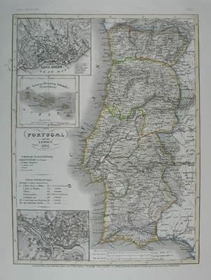 Portugal und die Azoren. Grenzkolorierte Stahlstich-Karte von Renner aus "Meyer`s Zeitungs-Atlas"...