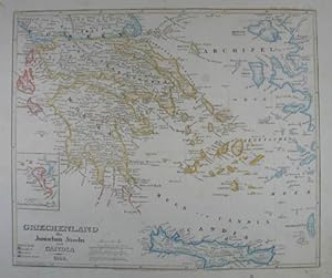 Griechenland, die Jonischen Jnseln und Candia. Grenzkolorierte Stahlstich-Karte aus "Meyer`s Zeit...