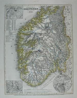 Südliches Norwegen nach Carpelan. Grenzkolorierte Stahlstich-Karte von Renner aus "Meyer`s Zeitun...