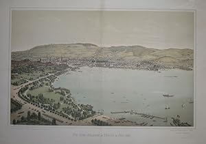 Die Quai-Anlagen in Zürich im Juli 1887. Gesamtansicht von Zürich mit Blick über den See. Kolorie...