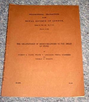 Bild des Verkufers fr Philosophical Transactions of the Royal Society of London. The Relationship of Micro-Organism to the Deay of Stone. zum Verkauf von Tony Hutchinson