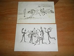 Bild des Verkufers fr Pair of Ink Drawings Depicting Scenes in Ireland - Police Confiscating Alcohol and a Fallen Rider on the Hunt Chasing His Horse zum Verkauf von Dublin Bookbrowsers