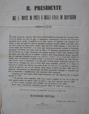 MANIFESTO del 25 maggio 1858 - del Santo Monte di Pietà e della Cassa di Risparmio " , Reggio Emi...