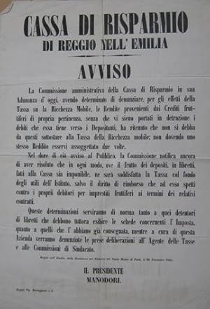 MANIFESTO del 26 novembre 1864 - La Cassa di Risparmio di Reggio nell'Emilia,, Reggio Emilia, Tor...