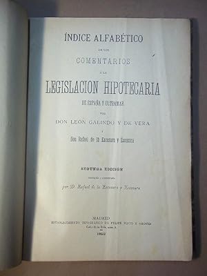 Imagen del vendedor de Indice Alfabtico de los Comentarios a la Legislacin Hipotecaria de Espaa y Ultramar. a la venta por Carmichael Alonso Libros