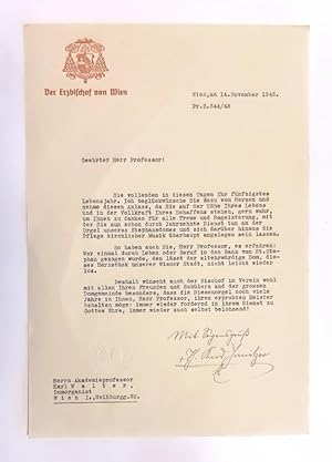Maschinengeschriebener Brief mit eigenhändiger Unterschrift von Erzbischof Theodor Kardinal Innit...