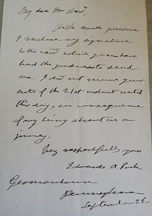 Autograph Letter Signed. Germantown, Pennsylvania Congregationalist