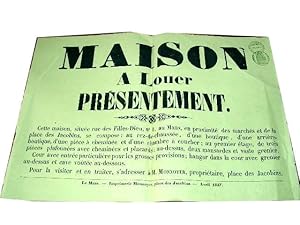 Affiche ancienne sur papier jaune timbré - Avril 1887 - Maison à louer présentement - Cette maiso...