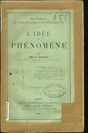 Bild des Verkufers fr L'IDEE DU PHENOMENE. tude Analytique et Critique. zum Verkauf von Le-Livre