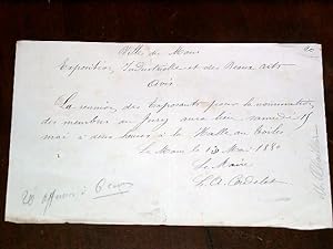 Billet manuscrit signé Louis Cordelet Maire du Mans. " Ville du Mans. Exposition Industrielle et ...