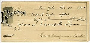 Carrie Chapman Catt Signed 1899 Receipt to Fellow Suffragette Harriet Taylor Upton